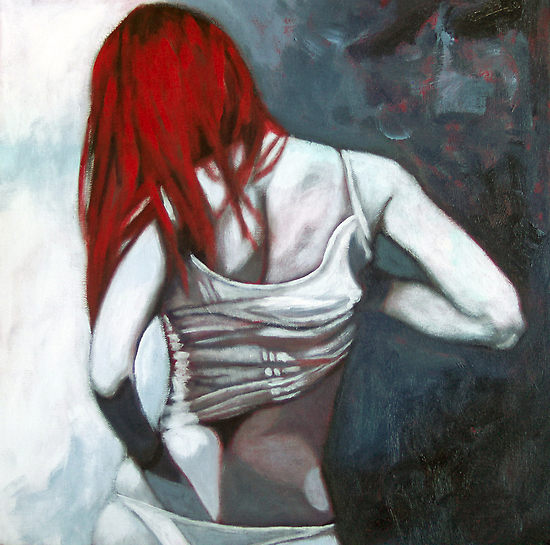 Painting of a young woman with long red hair and back turned, by Australian Artist Lee Wilde