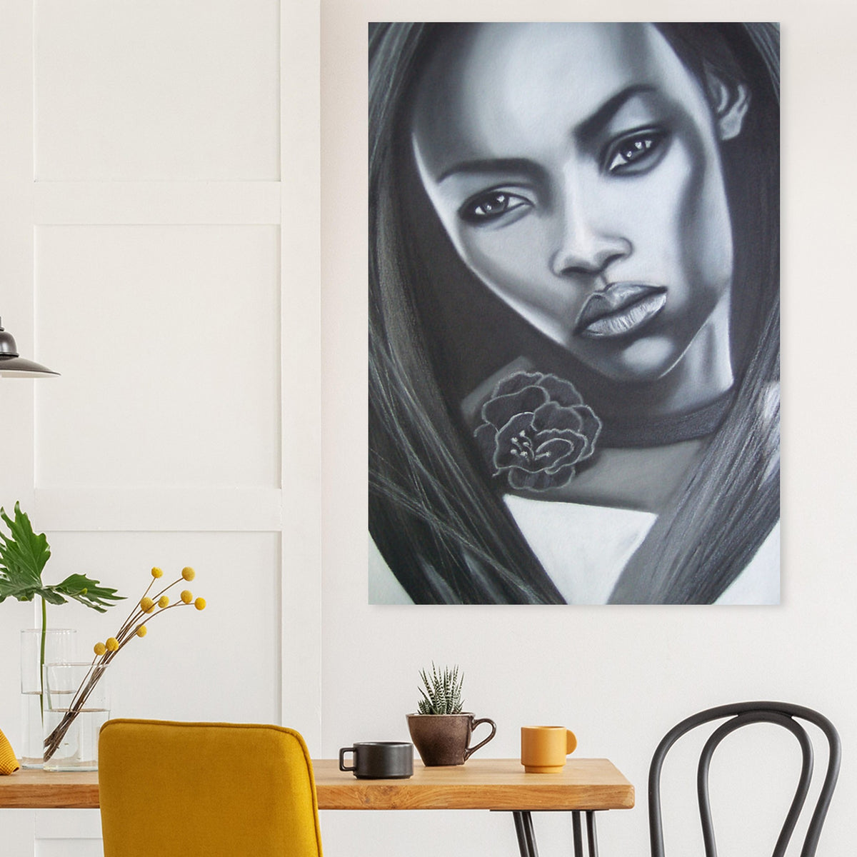 Charcoal portrait giclée print of a black-and-white woman's face