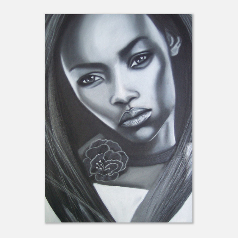 Charcoal portrait giclee print of a woman's face with floral neck detail